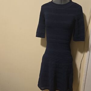 Blue Fit and Flare Midi Dress with Crew Neck for Work